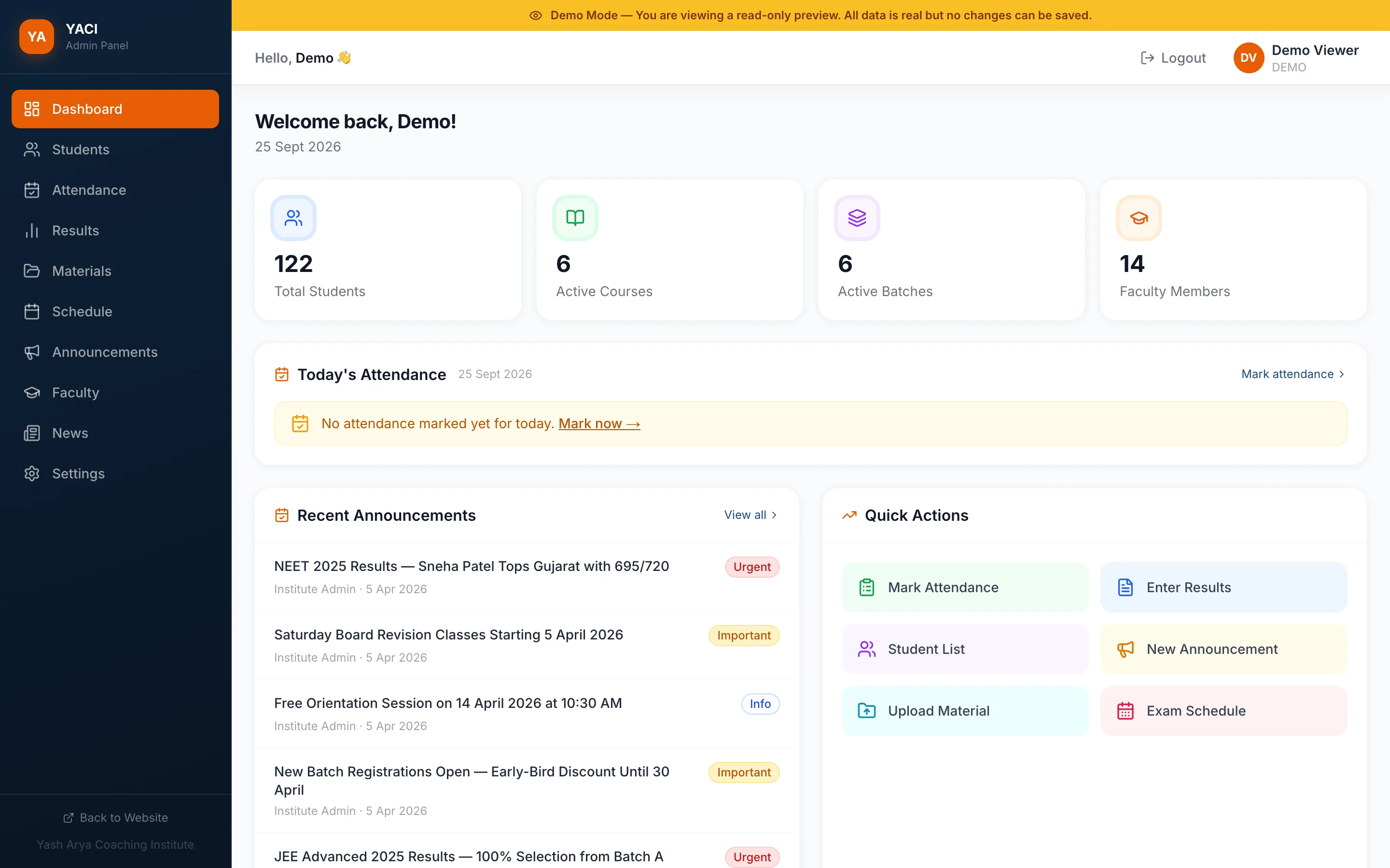 Coaching ERP admin dashboard with student, course, batch and faculty counts, today's attendance, announcements and quick actions