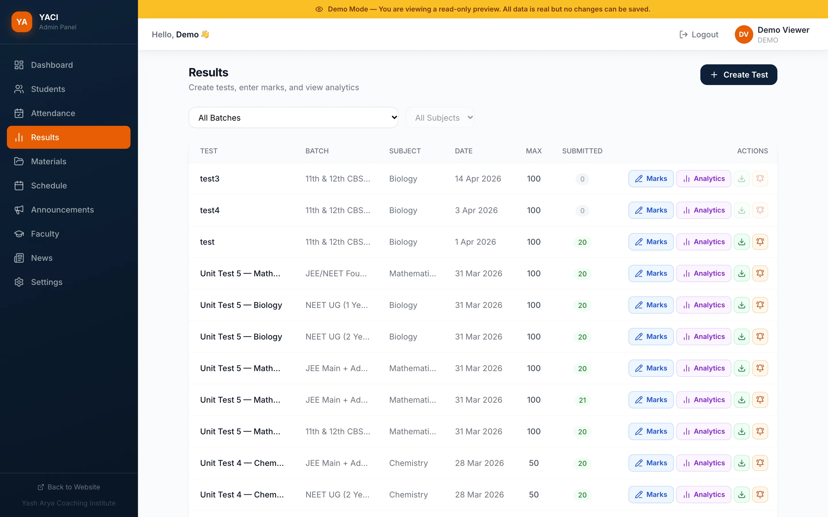 Results screen listing tests by batch, subject, date and maximum marks, with Marks and Analytics actions on each row