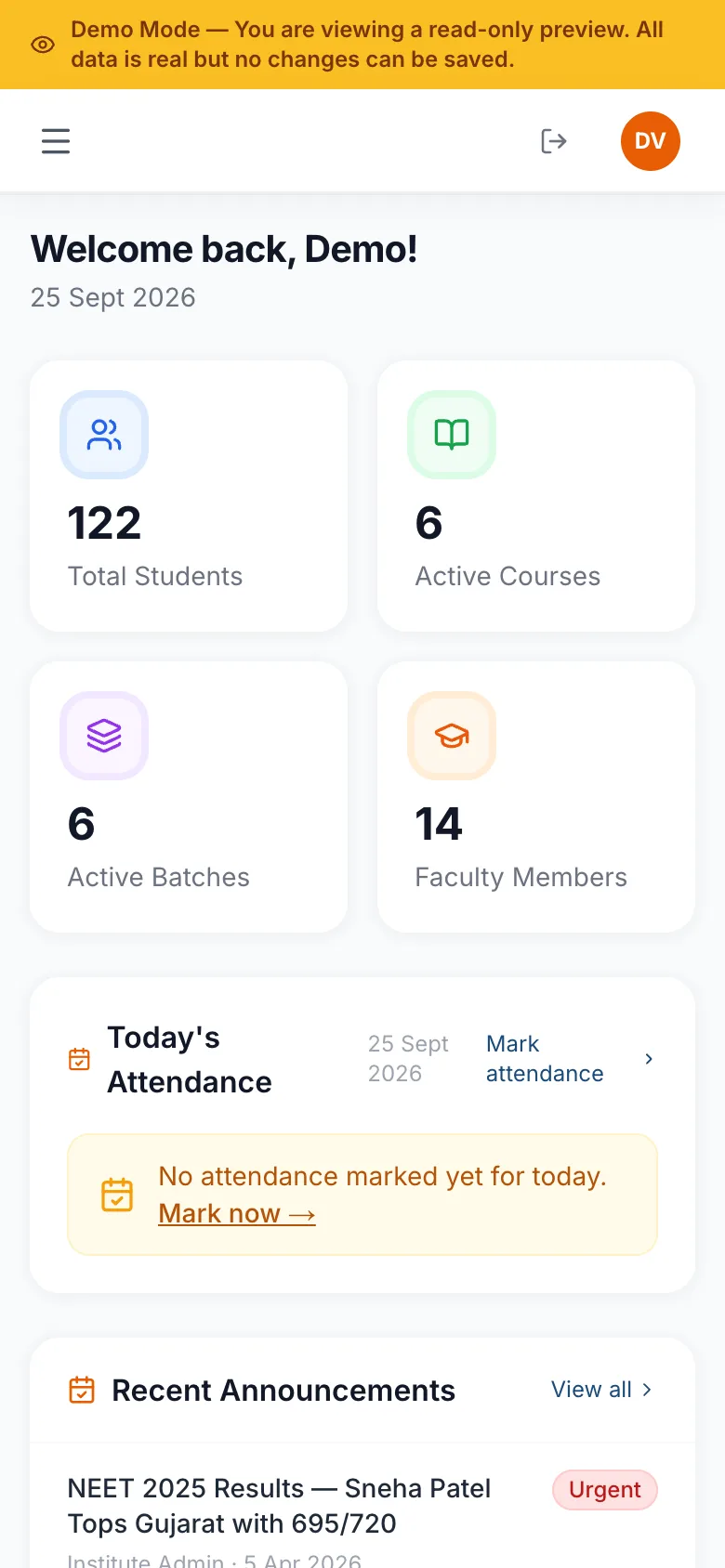 Coaching ERP admin dashboard on a phone