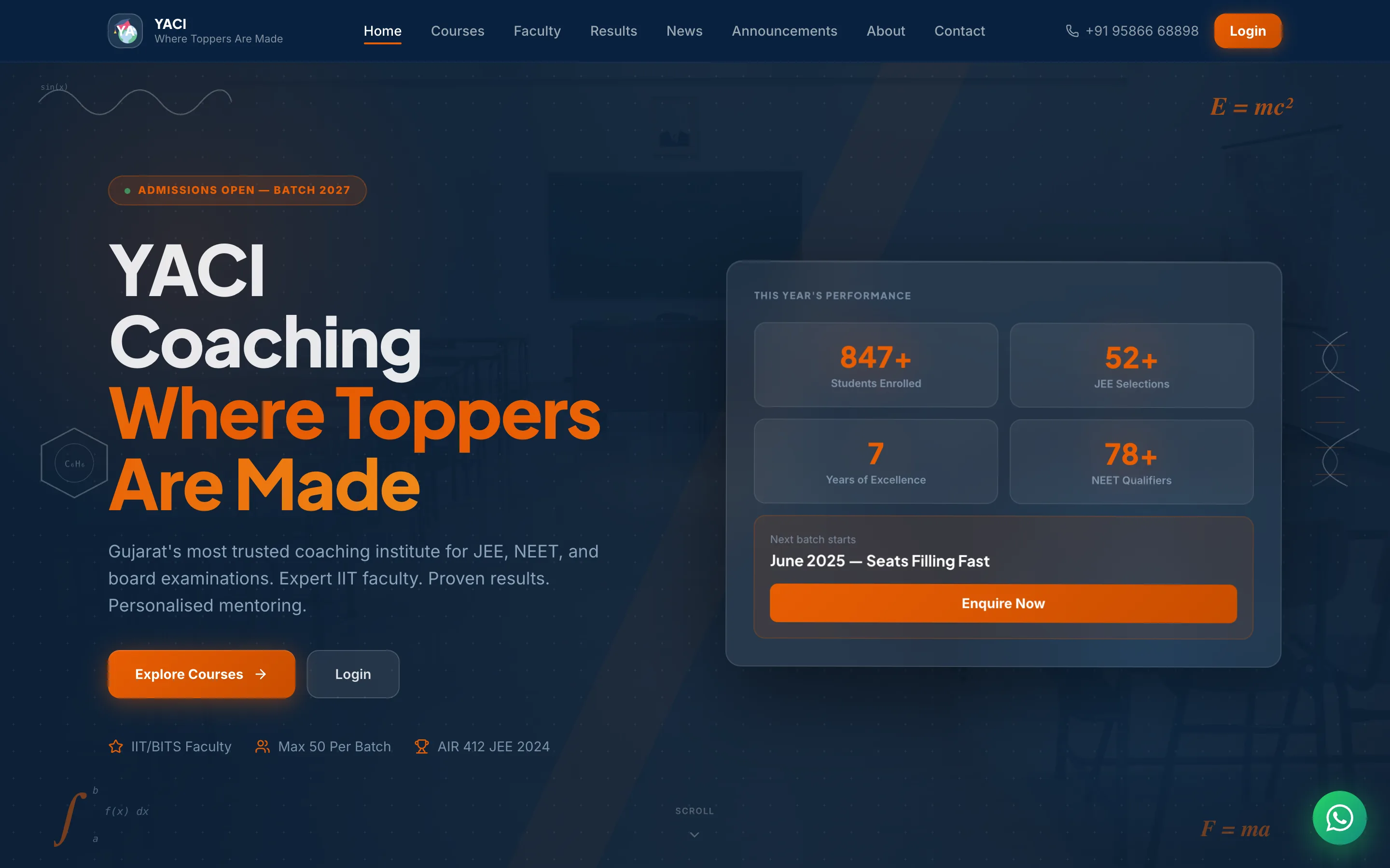 YACI coaching website hero with the headline 'Where toppers are made', admission highlights and an enquiry panel
