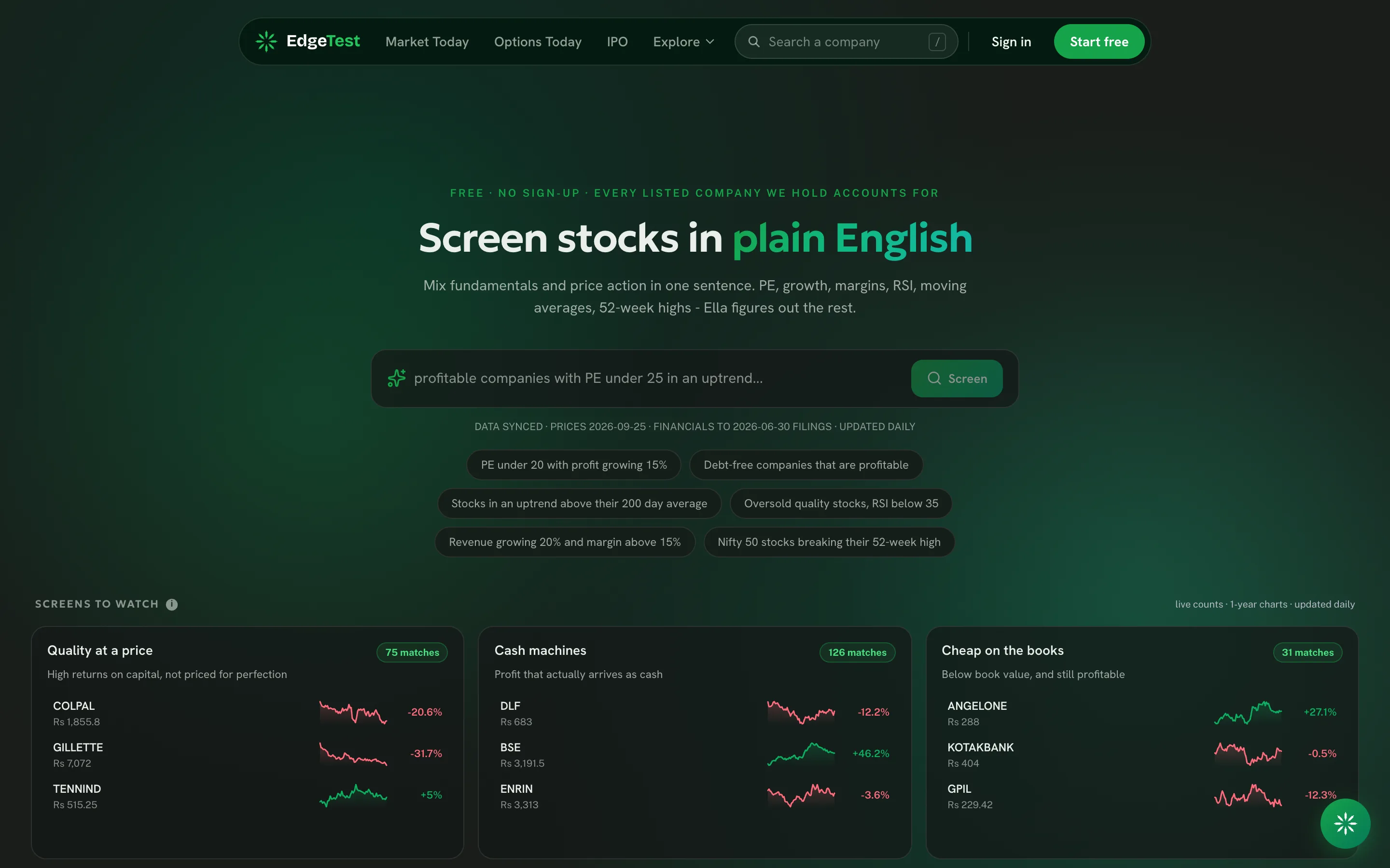 EdgeTest AI Screener: plain-English stock screens with live match counts